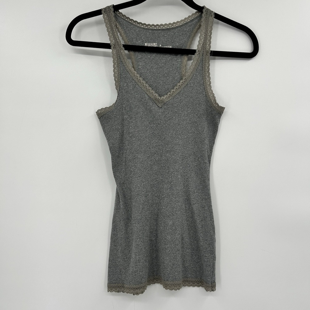Vintage‎ Y2K Mossimo Womens Lace Trim Ribbed Tank Top Size M Gray Fairy Stretch